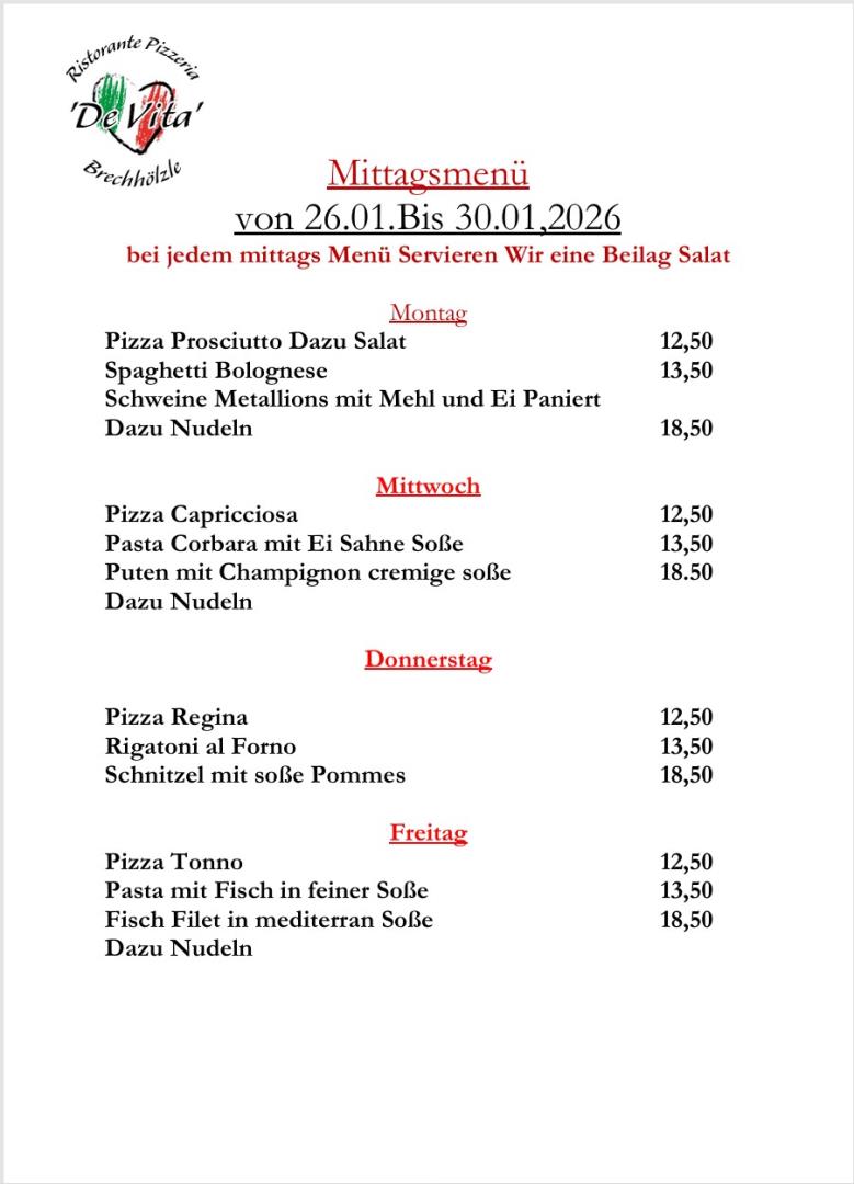 Mittags Menü 26,01, bis 